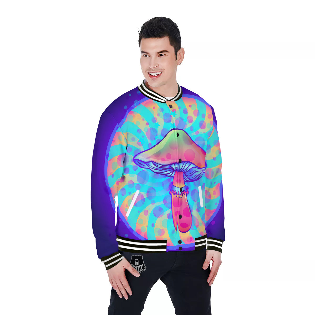 Mushrooms Psychedelic Print Baseball Jacket-grizzshop