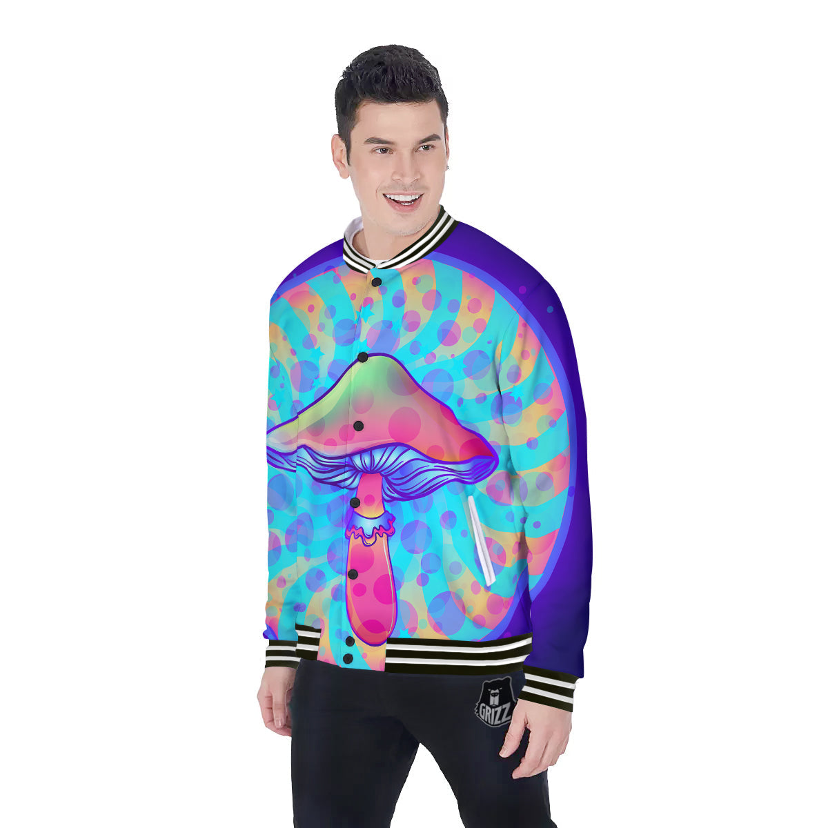 Mushrooms Psychedelic Print Baseball Jacket-grizzshop