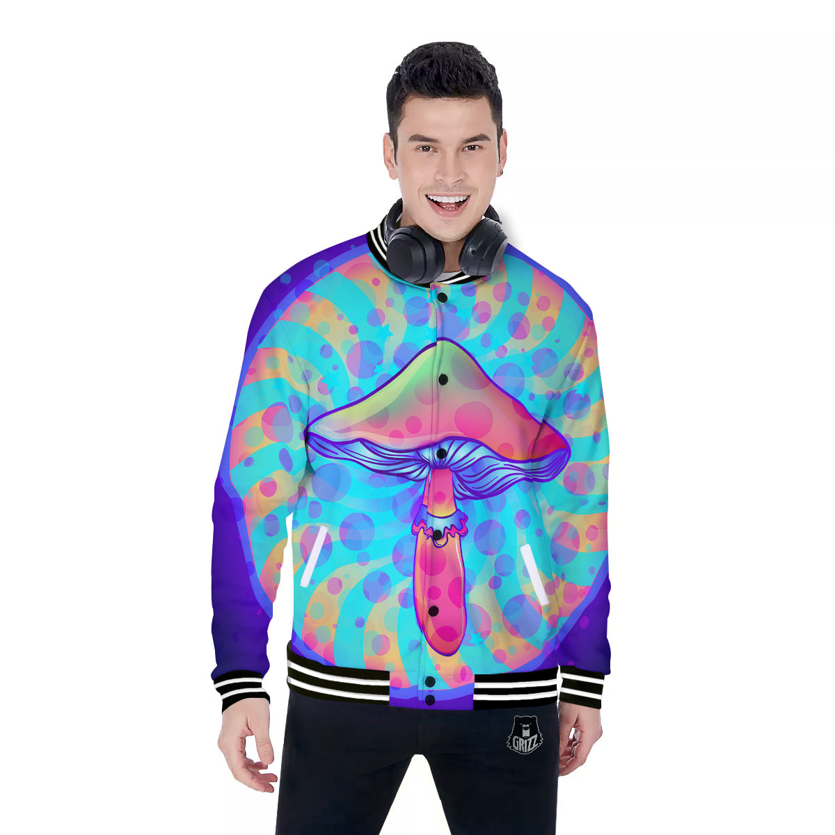 Mushrooms Psychedelic Print Baseball Jacket-grizzshop