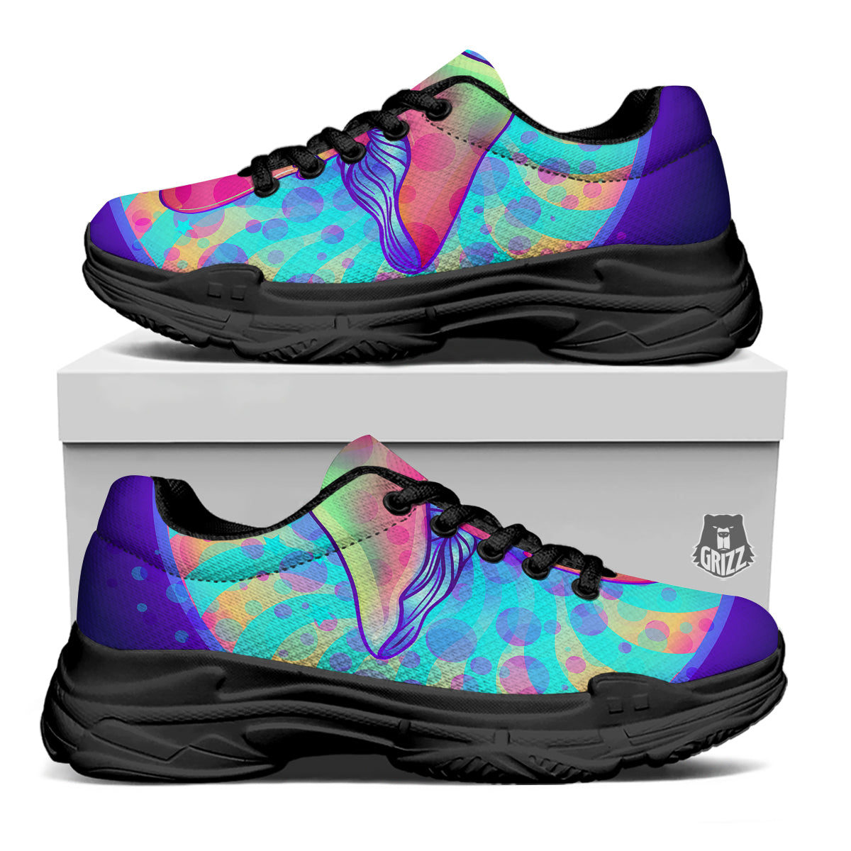 Mushrooms Psychedelic Print Black Chunky Shoes-grizzshop