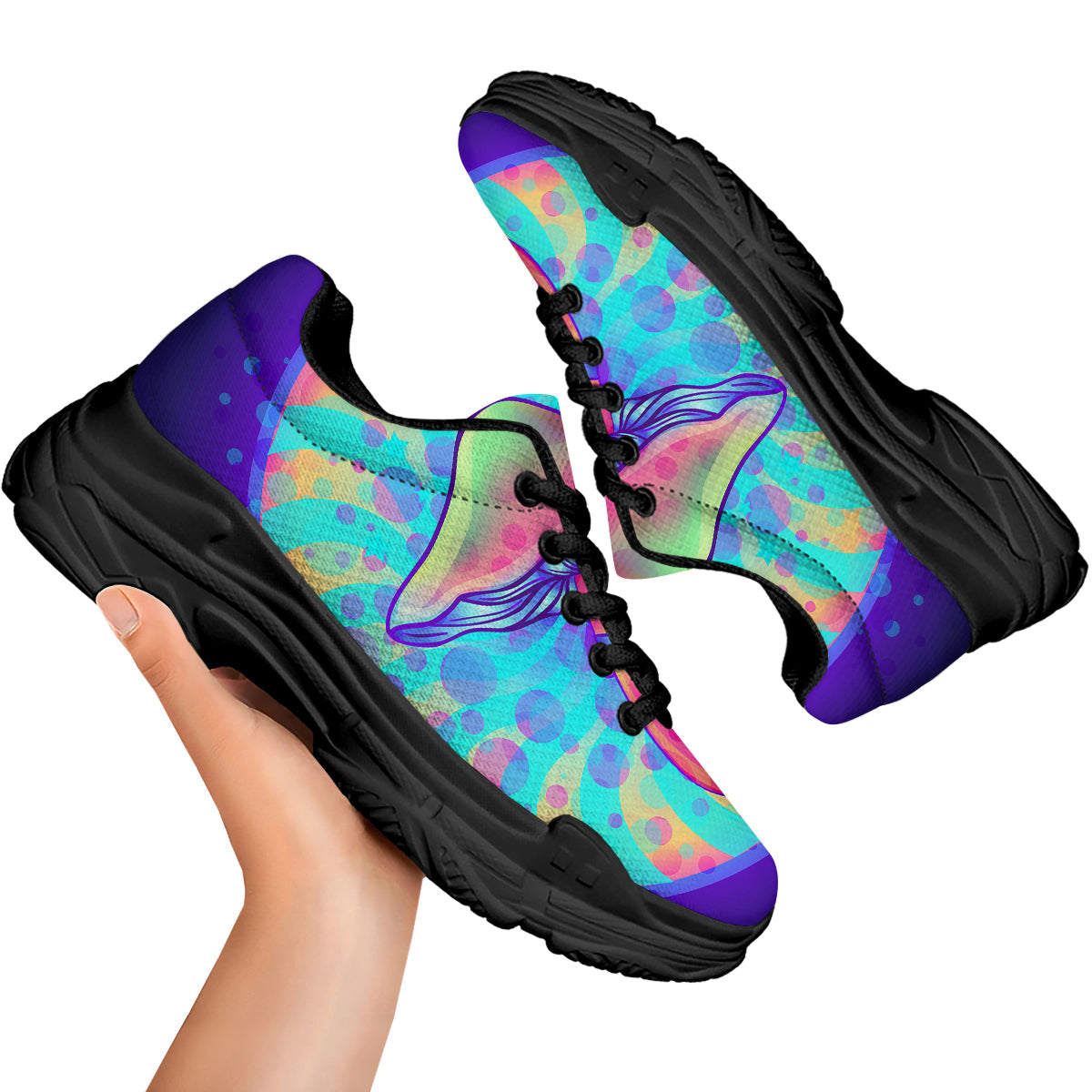 Mushrooms Psychedelic Print Black Chunky Shoes-grizzshop