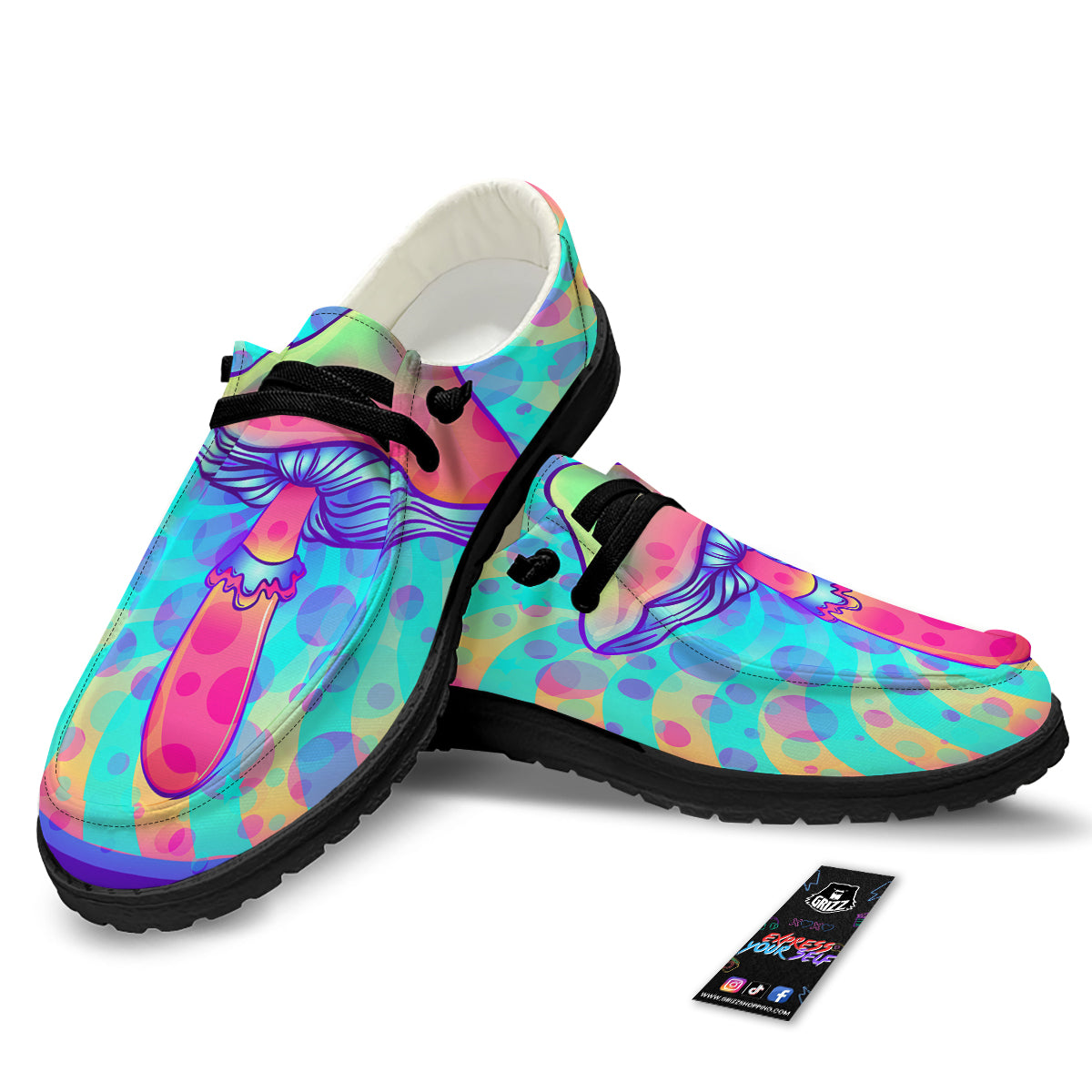 Mushrooms Psychedelic Print Black Loafers-grizzshop