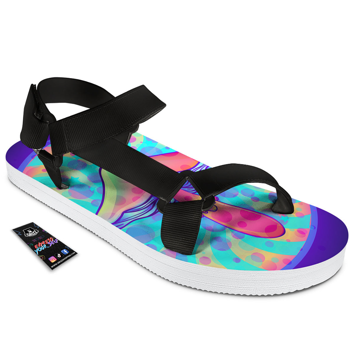 Mushrooms Psychedelic Print Black Open Toe Sandals-grizzshop