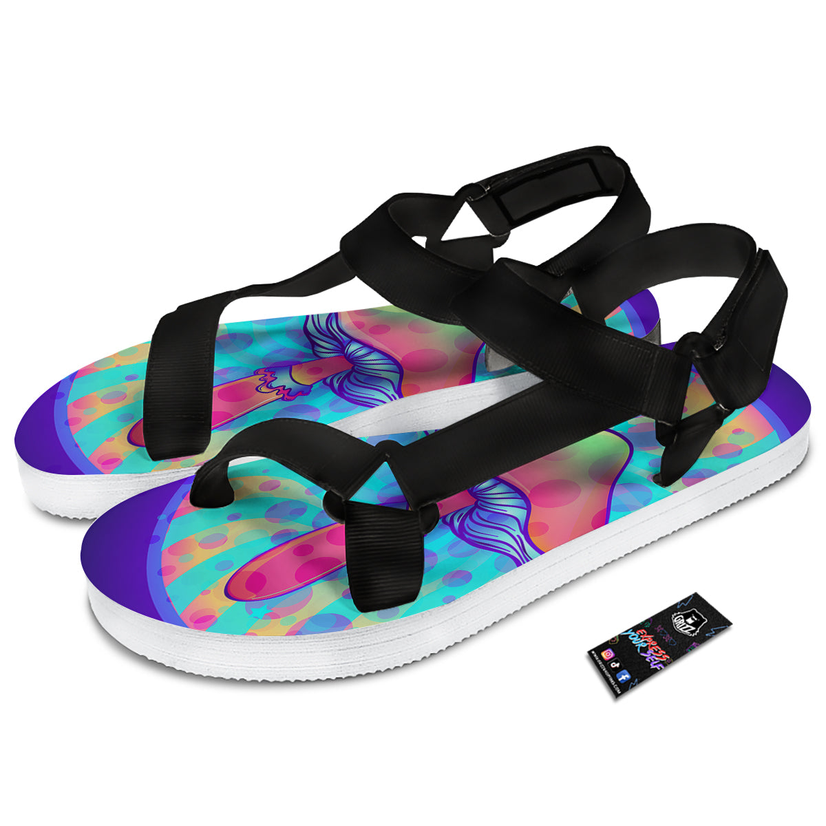 Mushrooms Psychedelic Print Black Open Toe Sandals-grizzshop