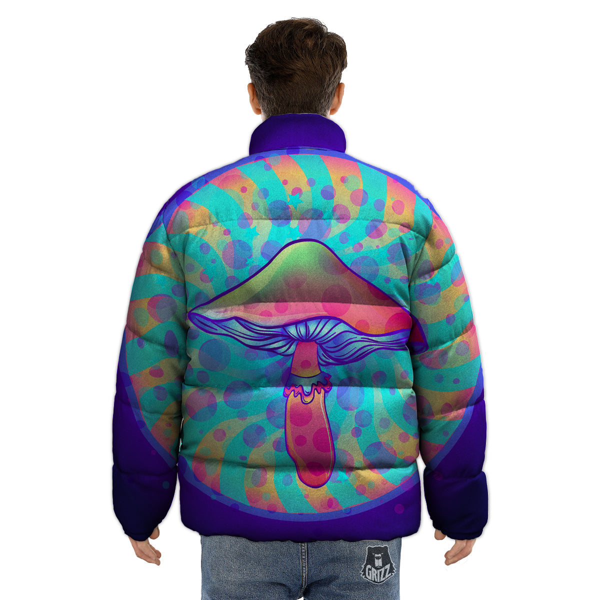 Mushrooms Psychedelic Print Puffer Jacket-grizzshop