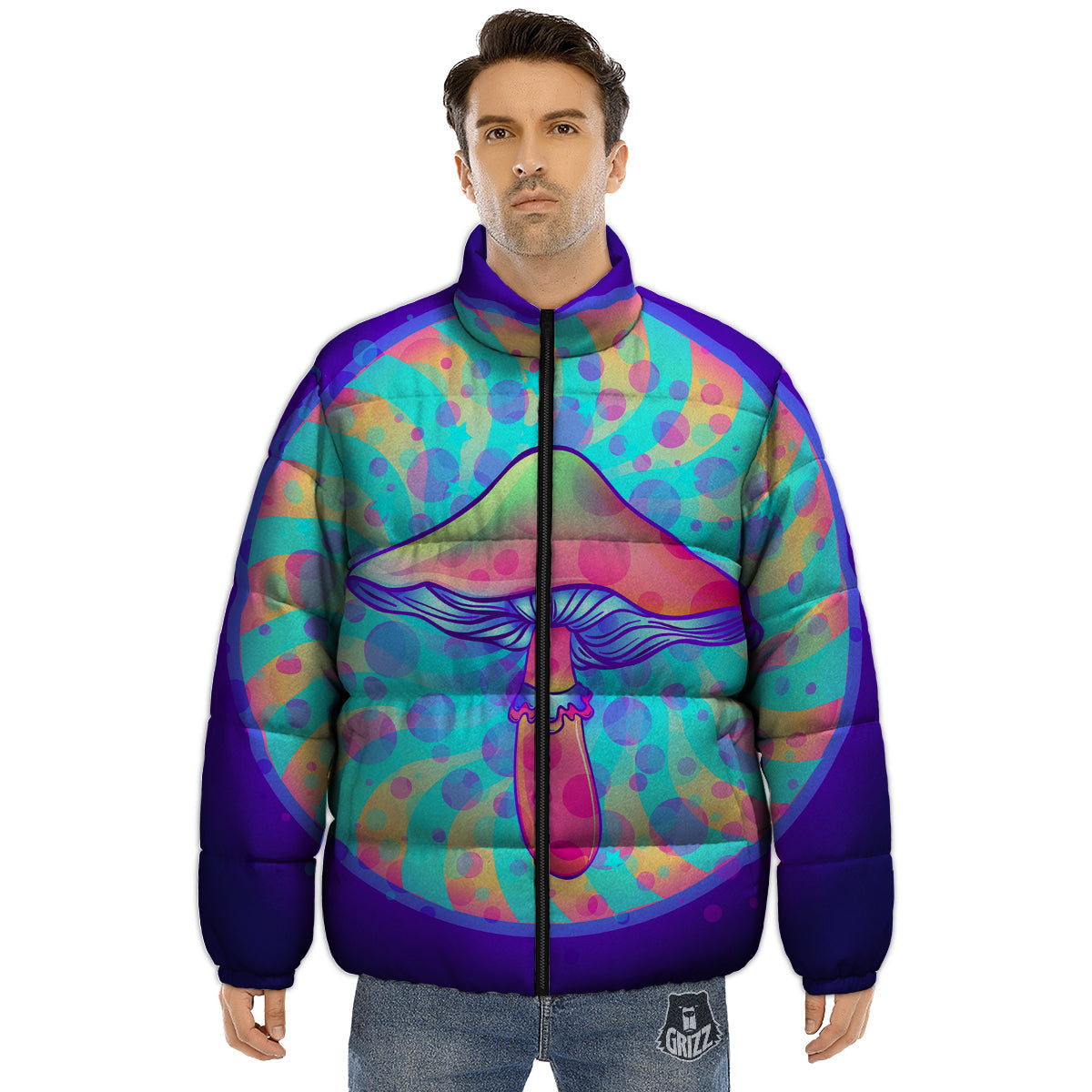 Mushrooms Psychedelic Print Puffer Jacket-grizzshop
