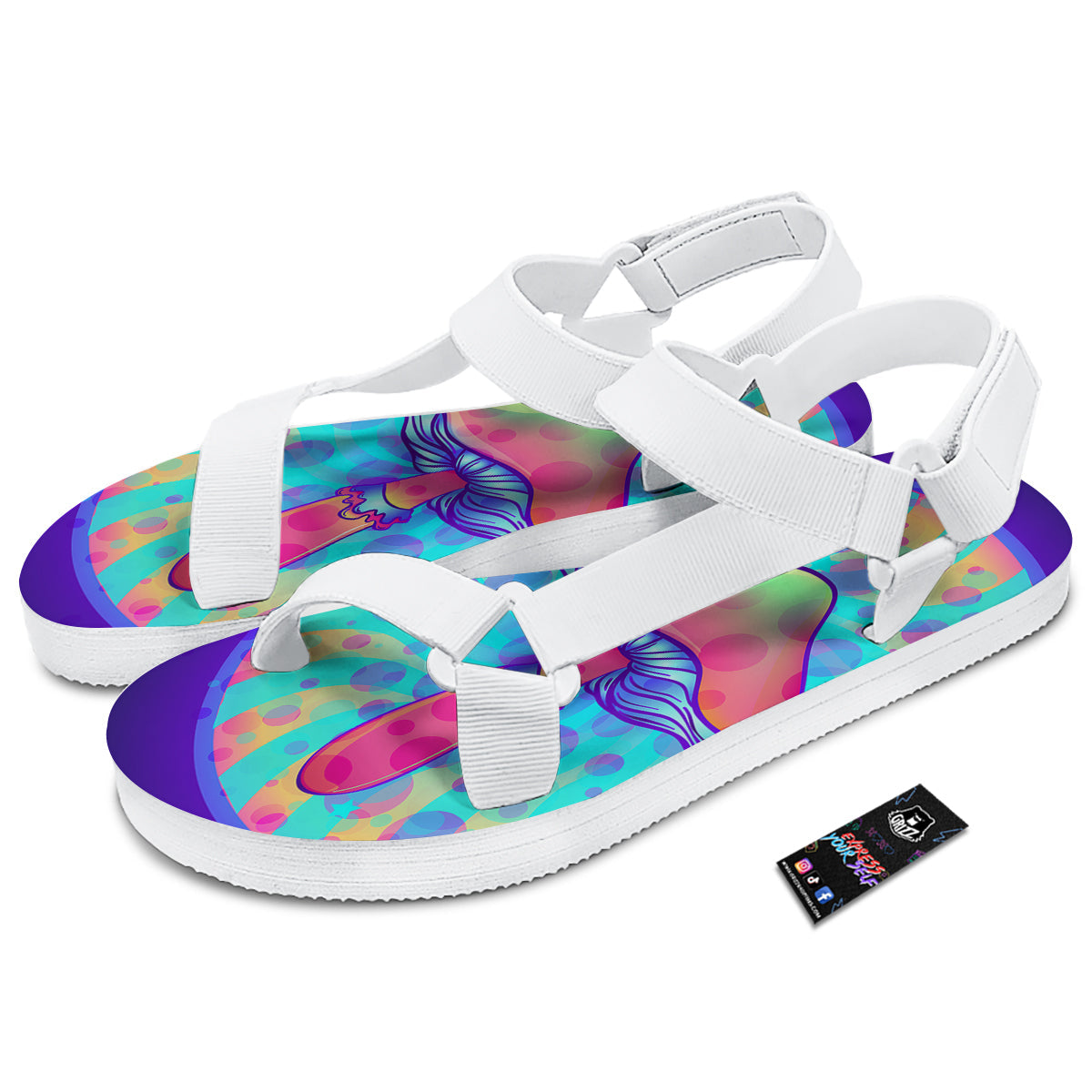 Mushrooms Psychedelic Print White Open Toe Sandals-grizzshop