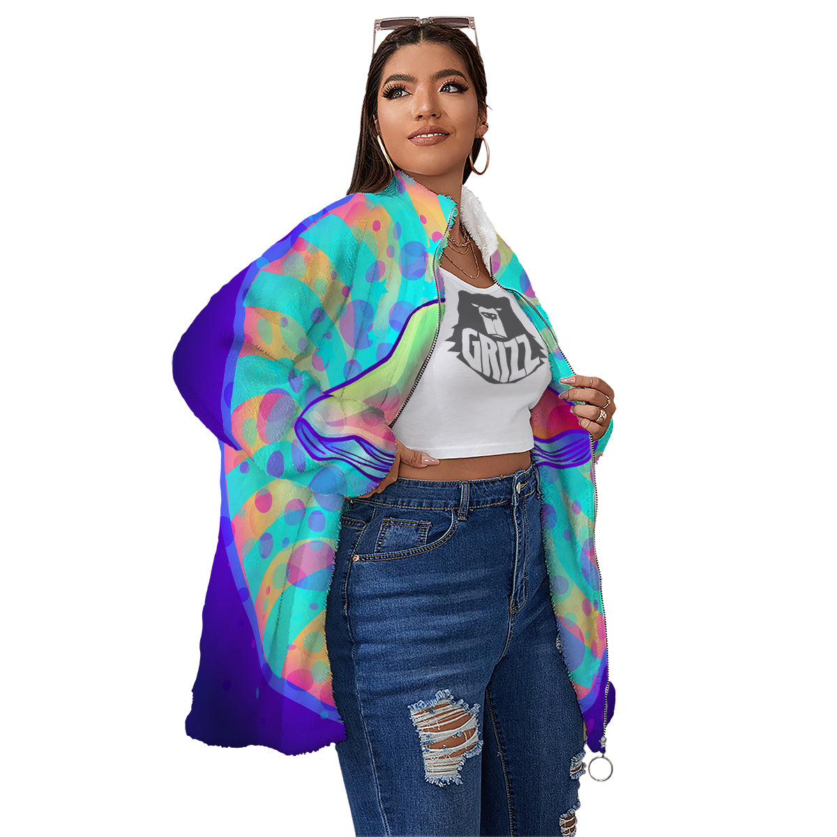 Mushrooms Psychedelic Print Women's Sherpa Jacket-grizzshop