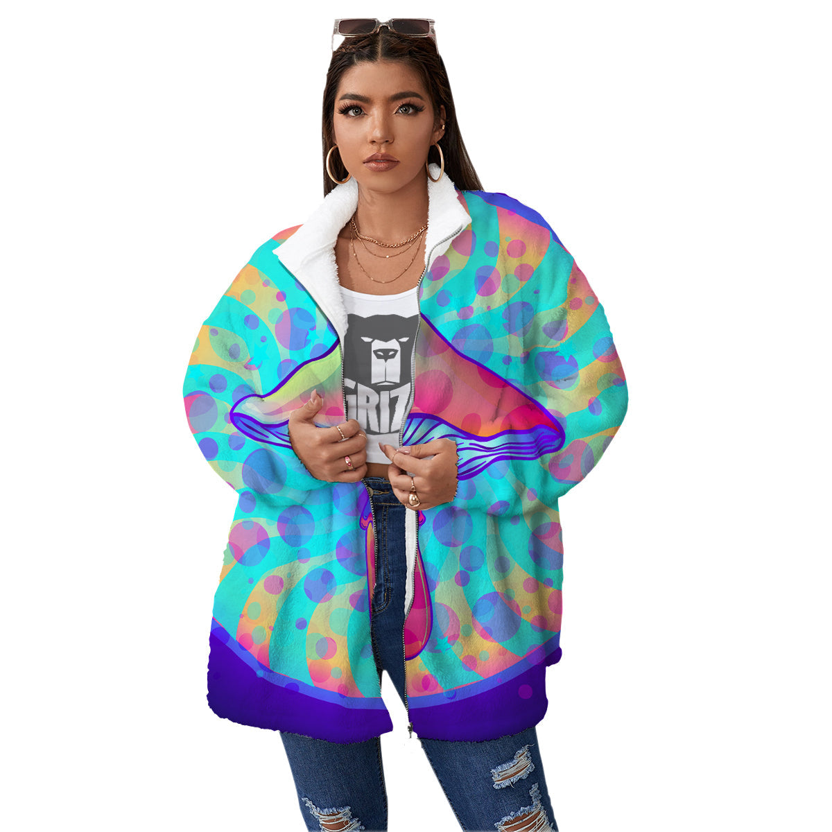 Mushrooms Psychedelic Print Women's Sherpa Jacket-grizzshop