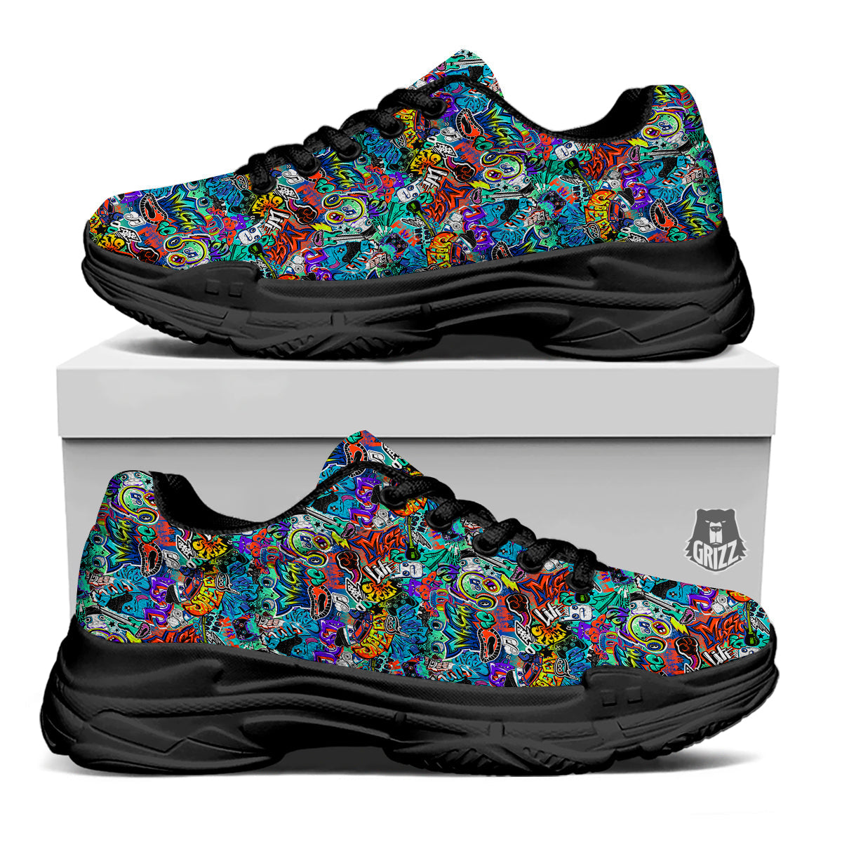 Music Abstract Print Pattern Black Chunky Shoes-grizzshop