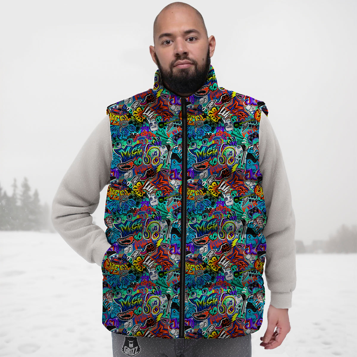 Music Abstract Print Pattern Down Vest-grizzshop