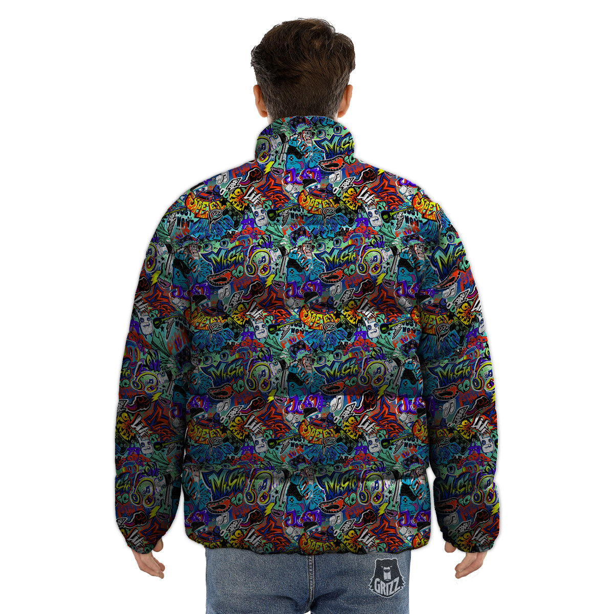 Music Abstract Print Pattern Puffer Jacket-grizzshop