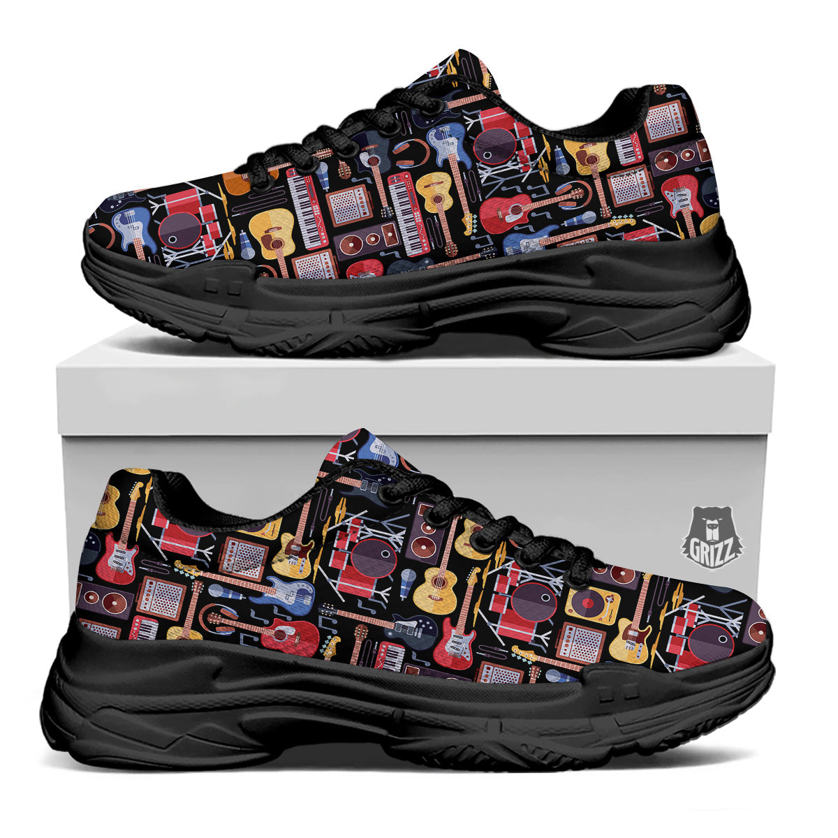 Music Instruments Print Pattern Black Chunky Shoes-grizzshop