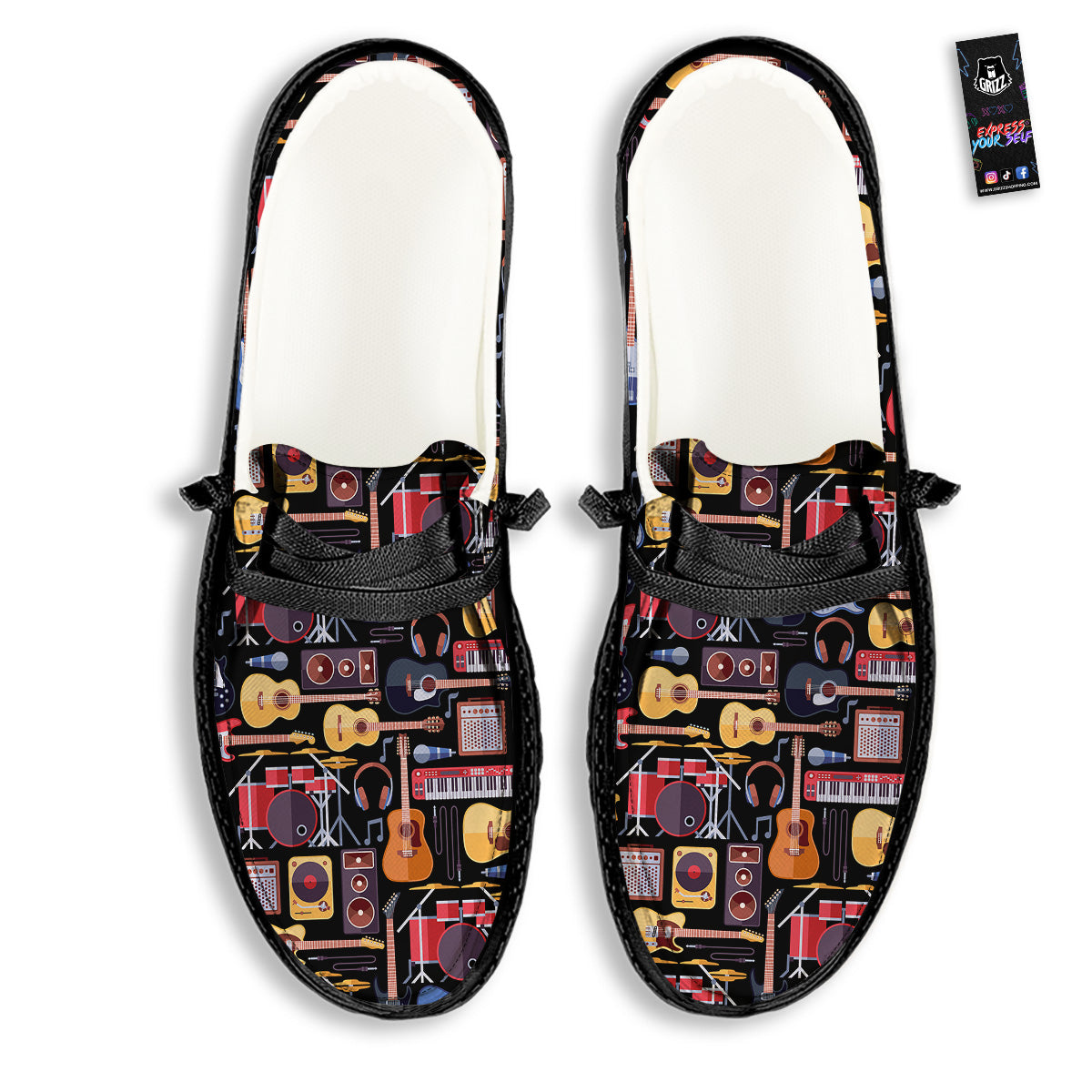 Music Instruments Print Pattern Black Loafers-grizzshop