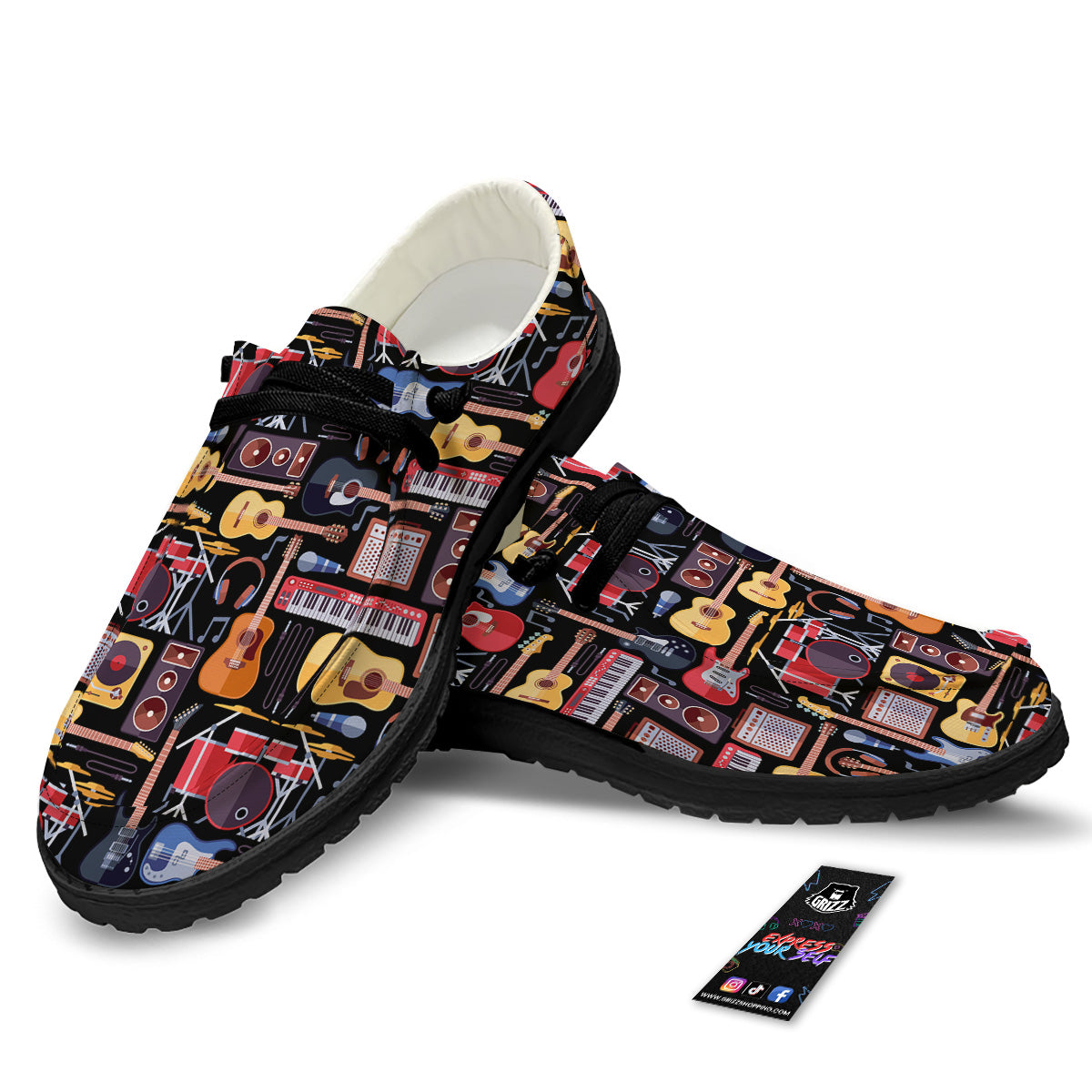 Music Instruments Print Pattern Black Loafers-grizzshop