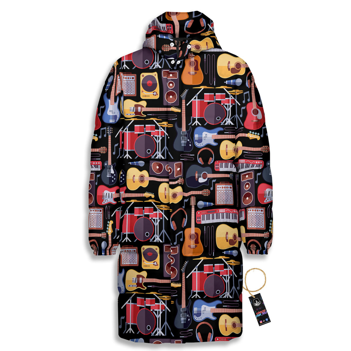 Music Instruments Print Pattern Long Down Jacket-grizzshop