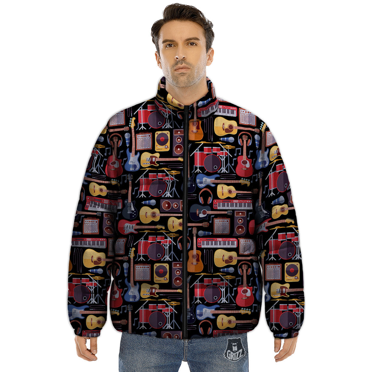 Music Instruments Print Pattern Puffer Jacket-grizzshop