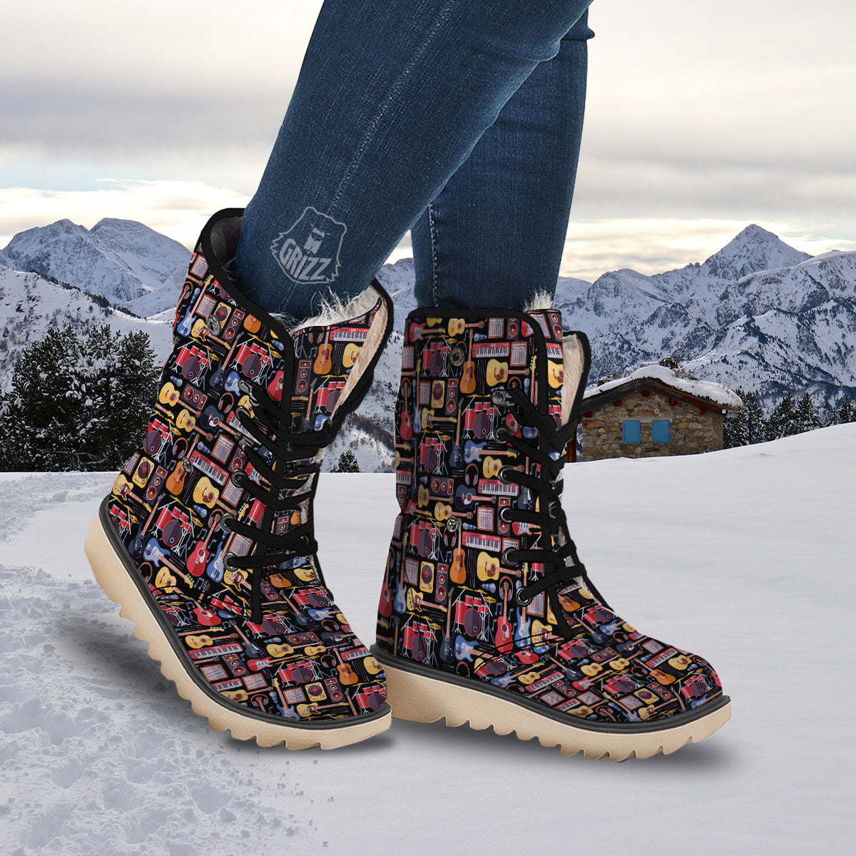 Music Instruments Print Pattern Snow Boots-grizzshop