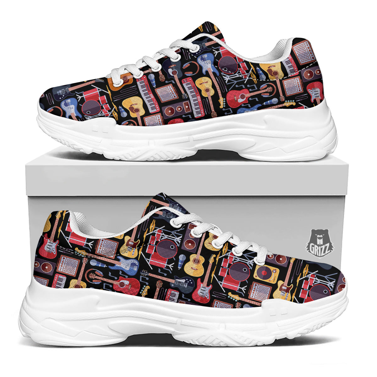 Music Instruments Print Pattern White Chunky Shoes-grizzshop