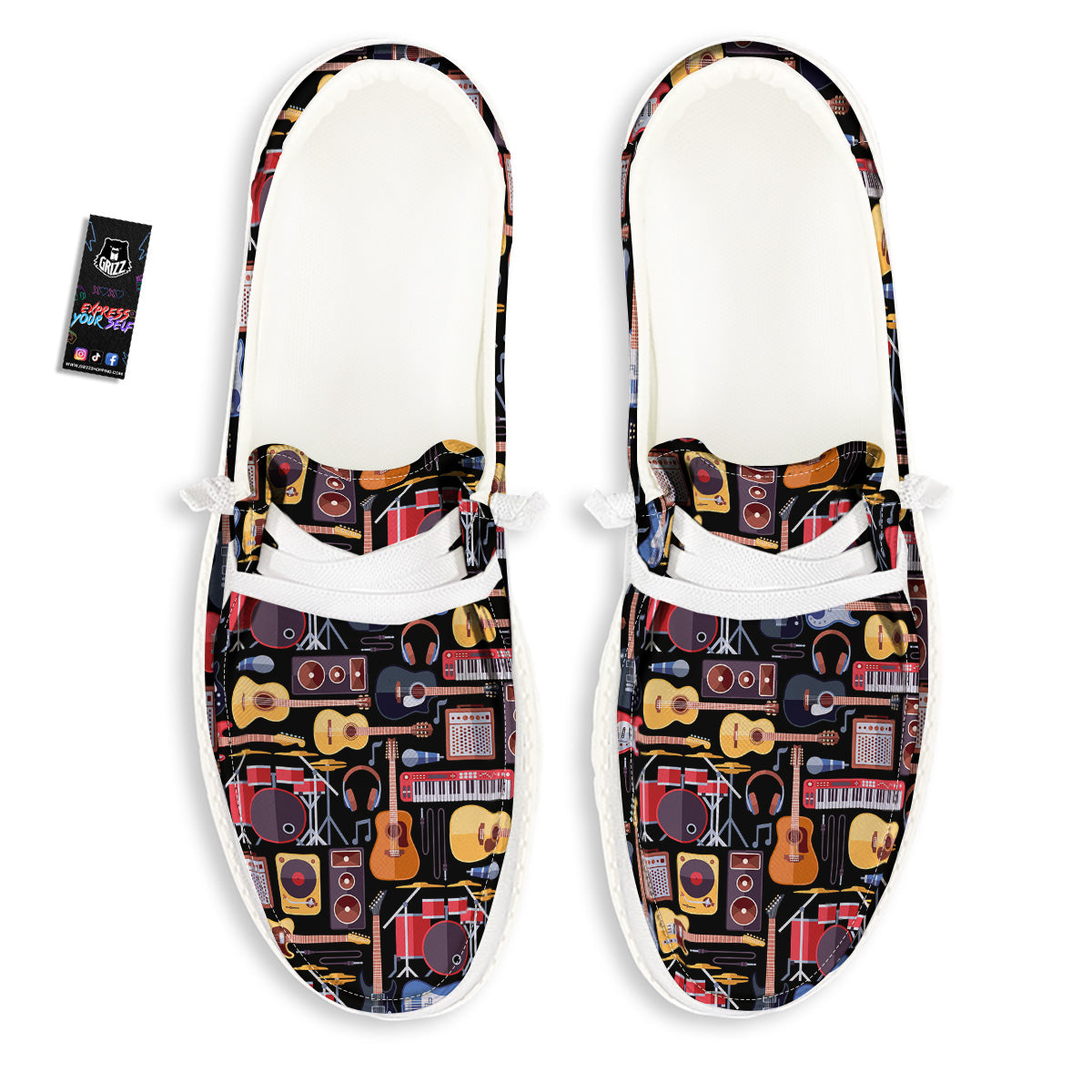 Music Instruments Print Pattern White Loafers-grizzshop