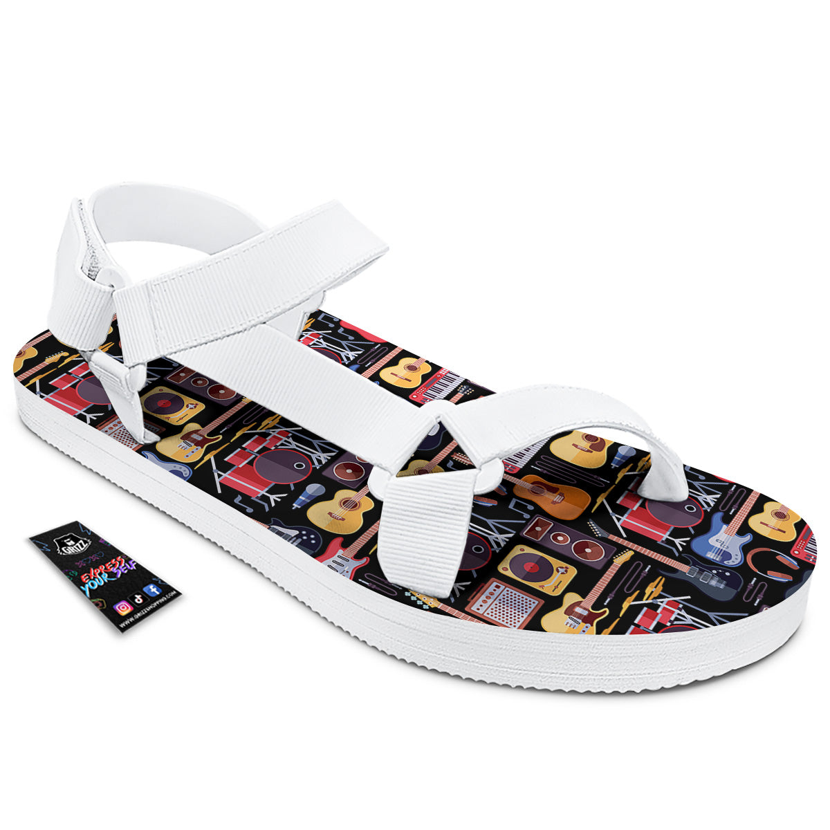 Music Instruments Print Pattern White Open Toe Sandals-grizzshop