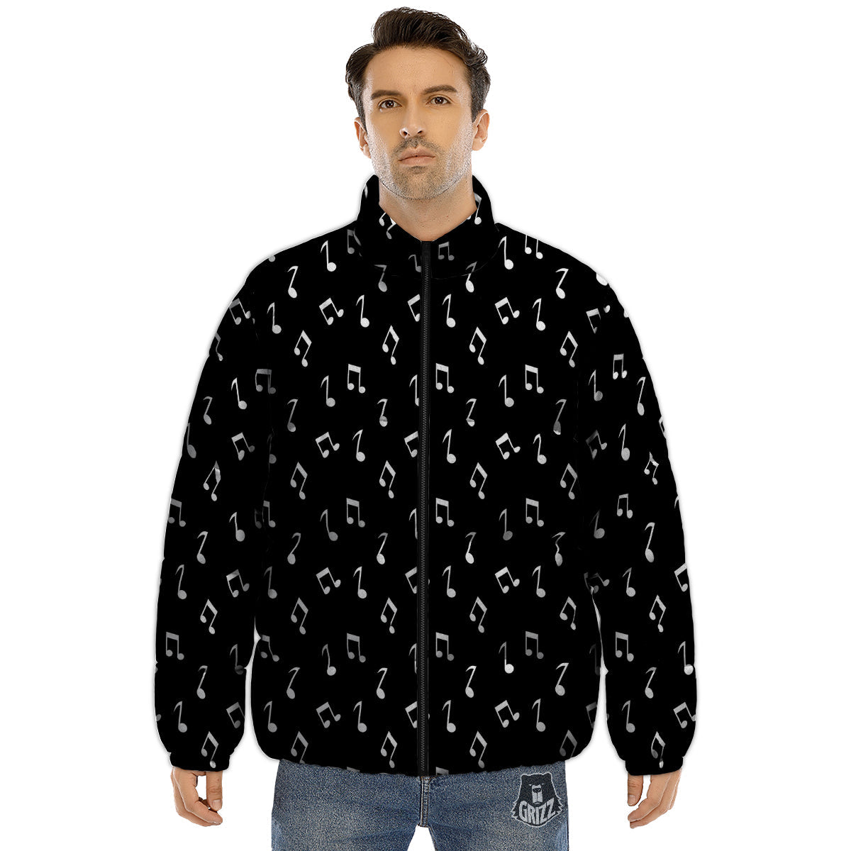Music Note Black And White Print Pattern Puffer Jacket-grizzshop