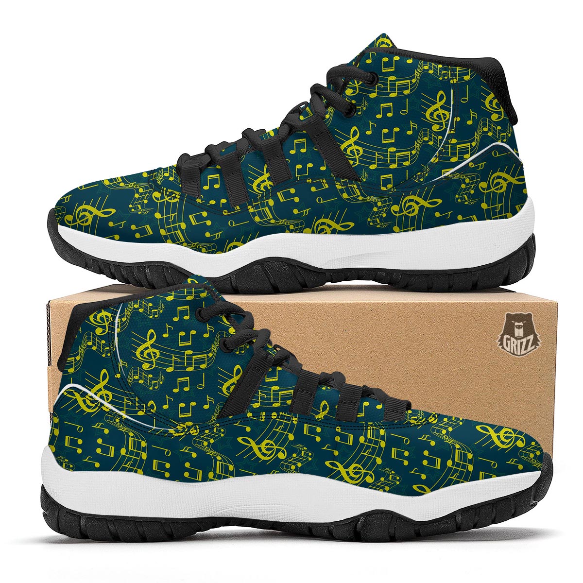 Music Note Pattern Print Black Bball Shoes-grizzshop