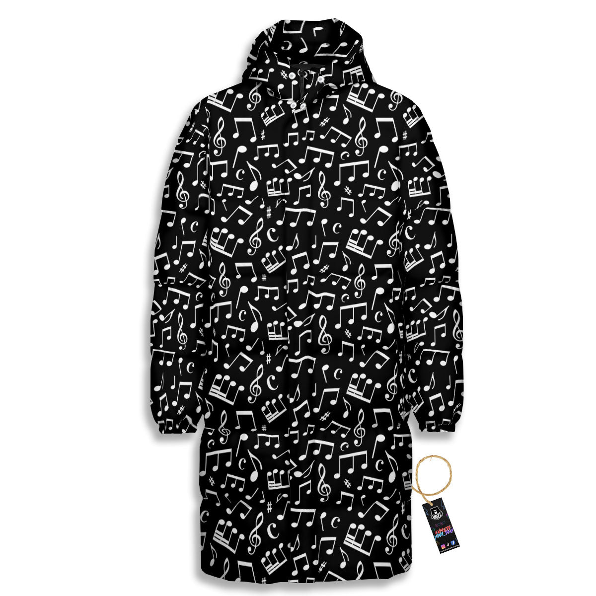 Music Note White And Black Print Pattern Long Down Jacket-grizzshop