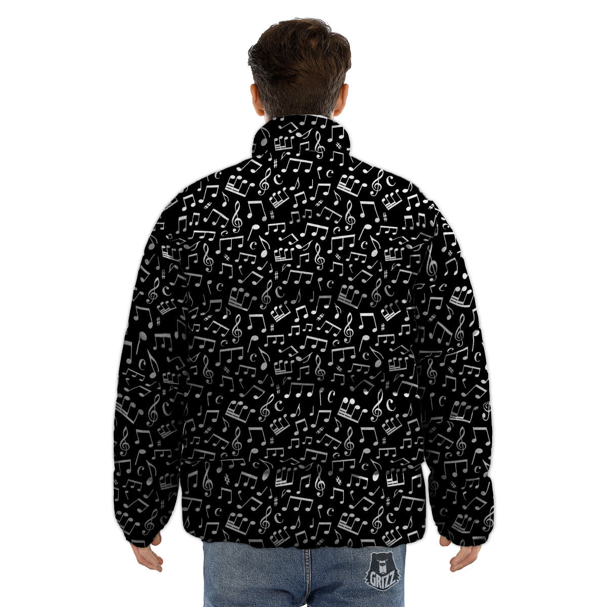 Music Note White And Black Print Pattern Puffer Jacket-grizzshop