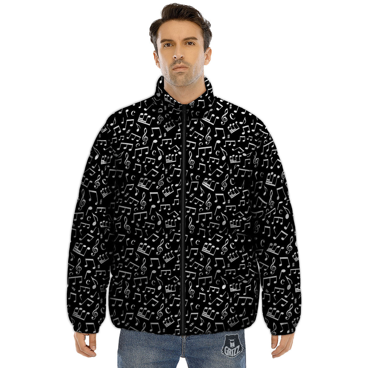 Music Note White And Black Print Pattern Puffer Jacket-grizzshop