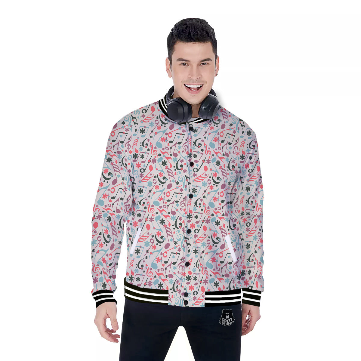 Music Notes Cute Print Pattern Baseball Jacket-grizzshop