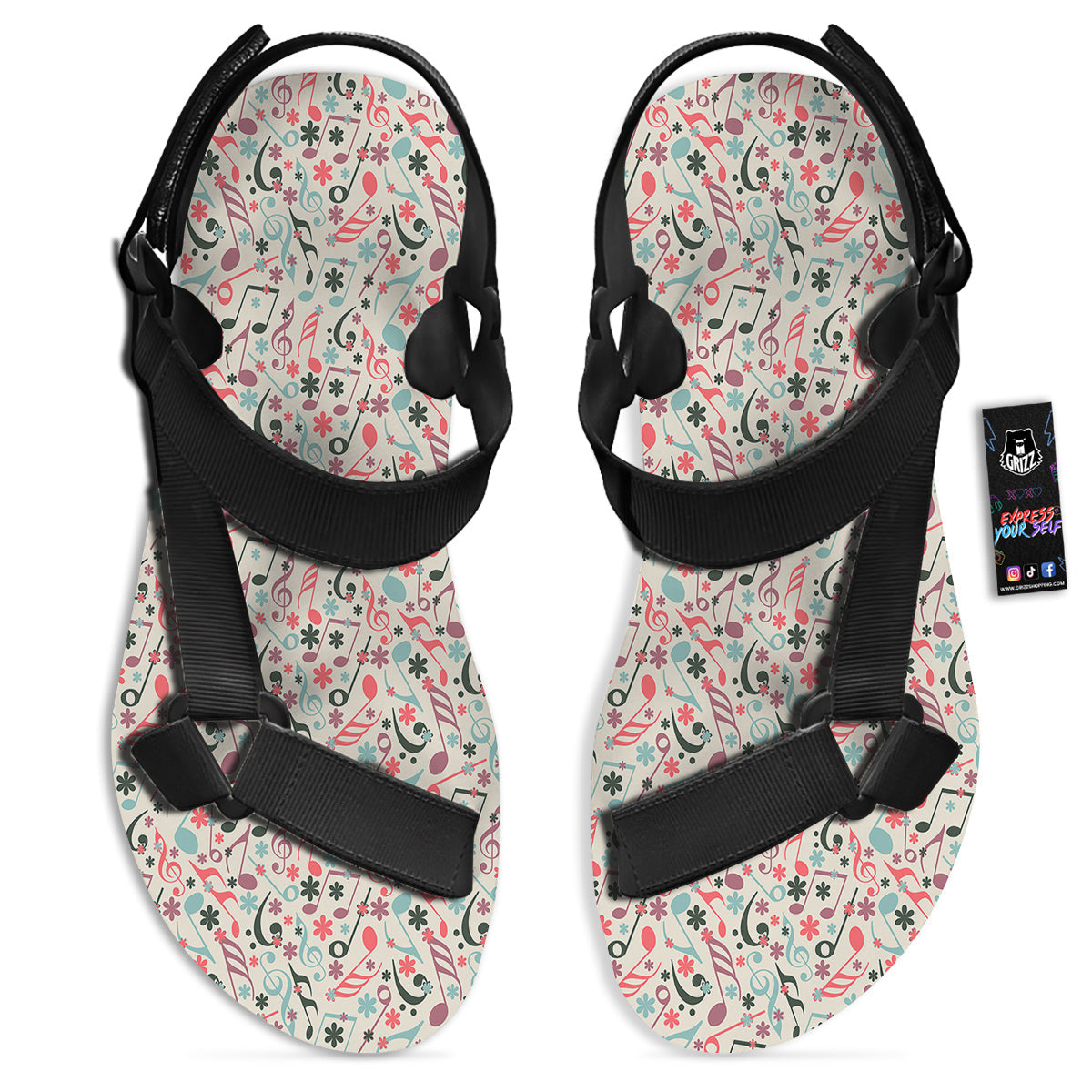 Music Notes Cute Print Pattern Black Open Toe Sandals-grizzshop