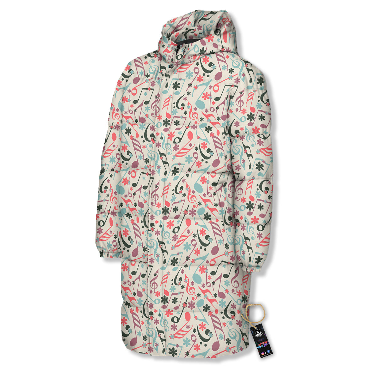 Music Notes Cute Print Pattern Long Down Jacket-grizzshop