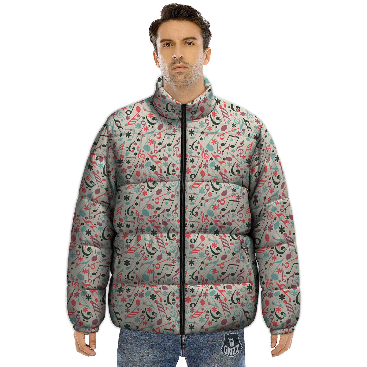 Music Notes Cute Print Pattern Puffer Jacket-grizzshop