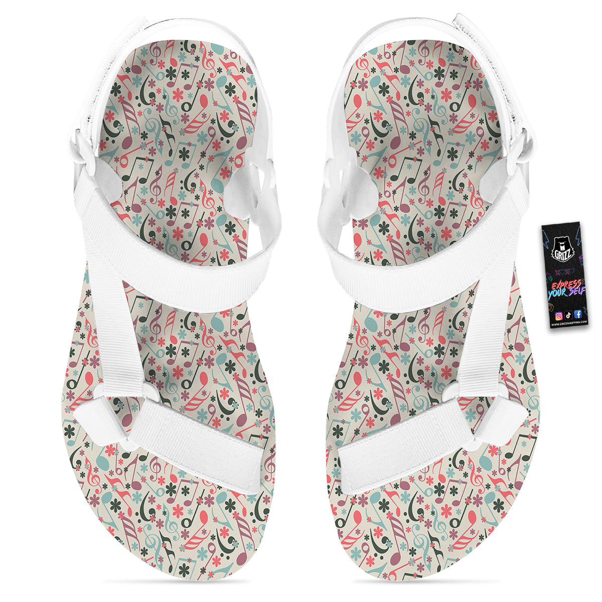 Music Notes Cute Print Pattern White Open Toe Sandals-grizzshop