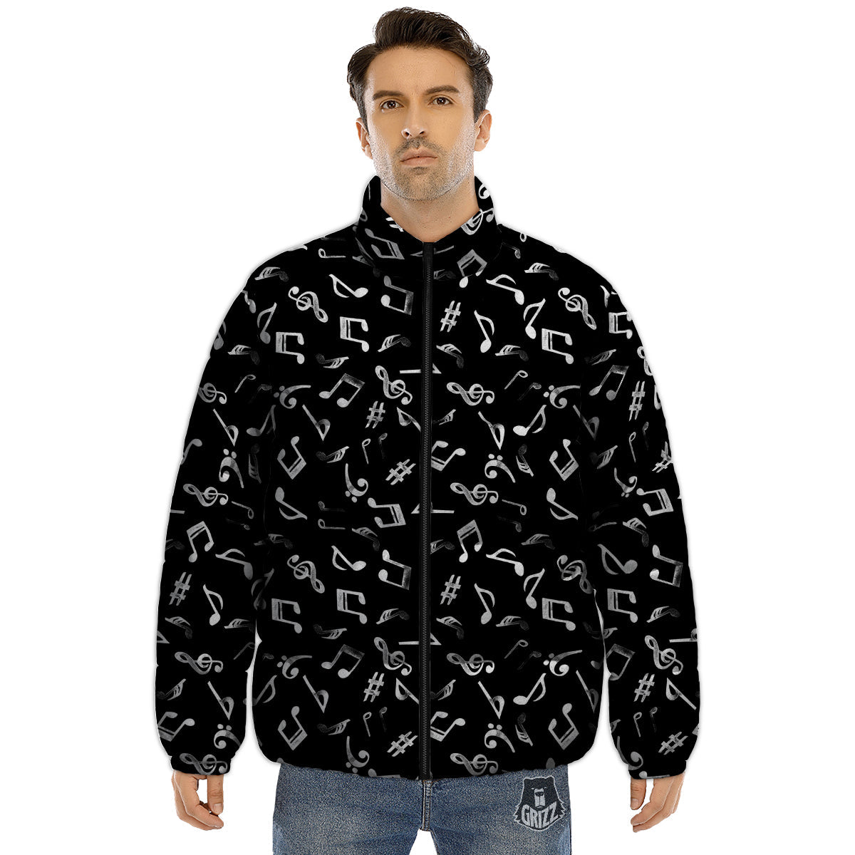 Music Notes Watercolor Print Pattern Puffer Jacket-grizzshop