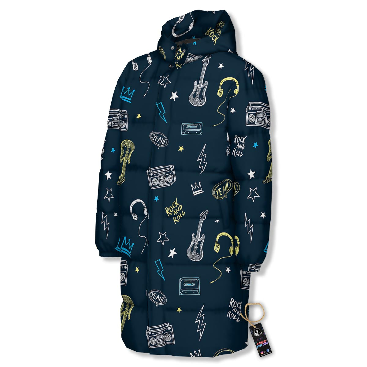 Music Rock And Roll Print Pattern Long Down Jacket-grizzshop