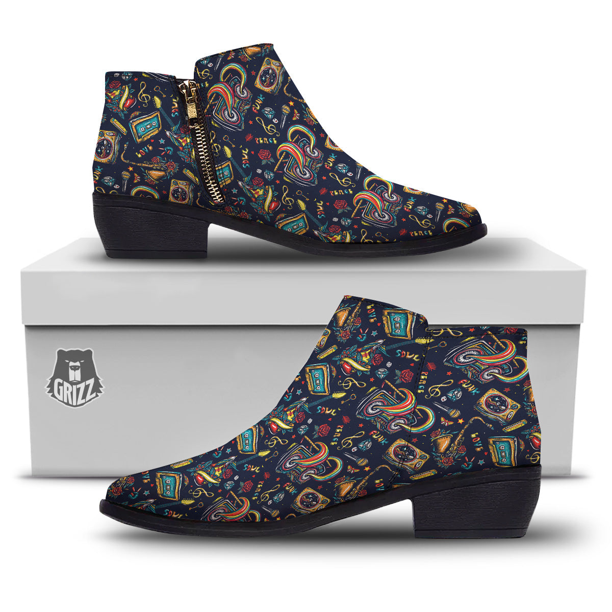Musical Instruments Print Pattern Ankle Boots-grizzshop