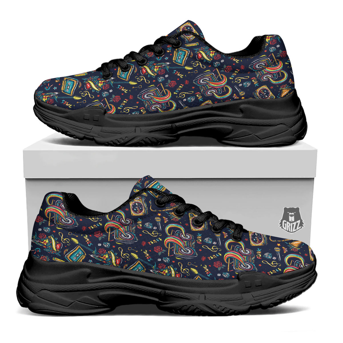 Musical Instruments Print Pattern Black Chunky Shoes-grizzshop