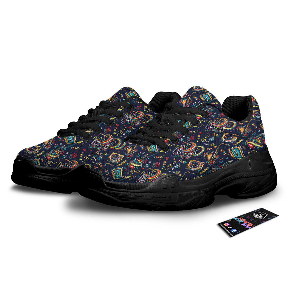 Musical Instruments Print Pattern Black Chunky Shoes-grizzshop
