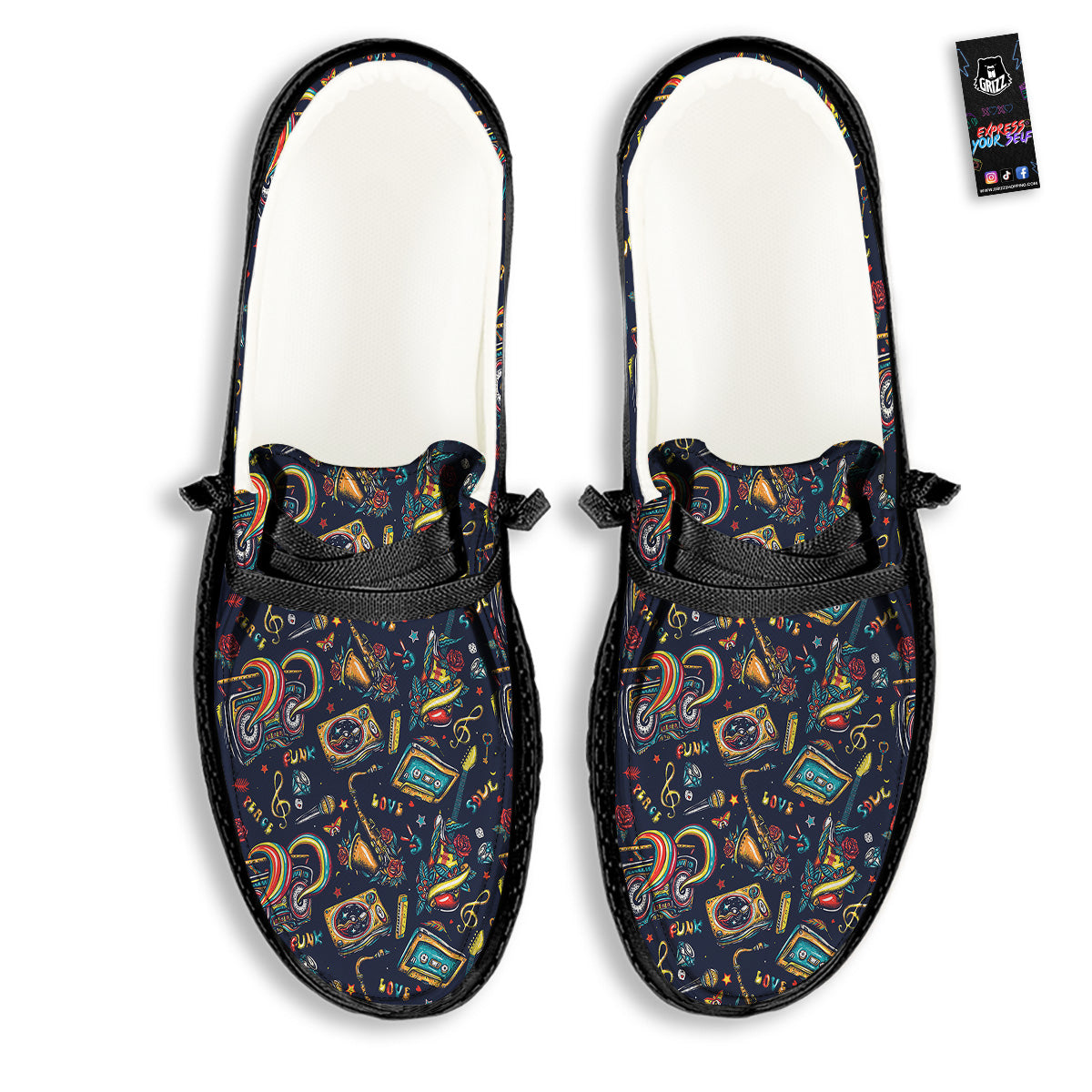 Musical Instruments Print Pattern Black Loafers-grizzshop