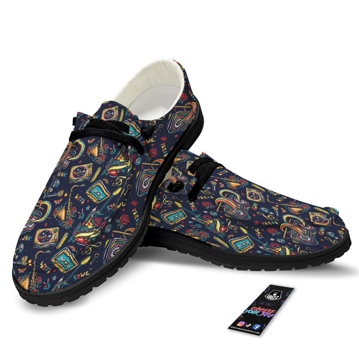 Musical Instruments Print Pattern Black Loafers-grizzshop