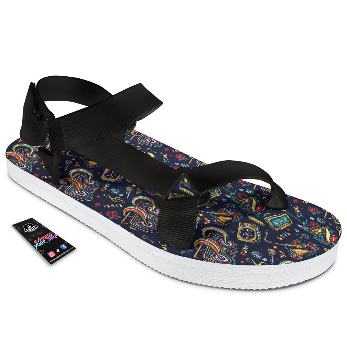 Musical Instruments Print Pattern Black Open Toe Sandals-grizzshop