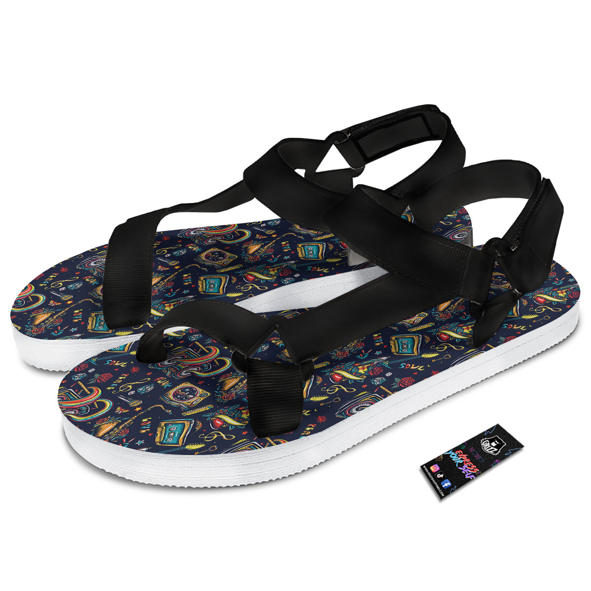 Musical Instruments Print Pattern Black Open Toe Sandals-grizzshop