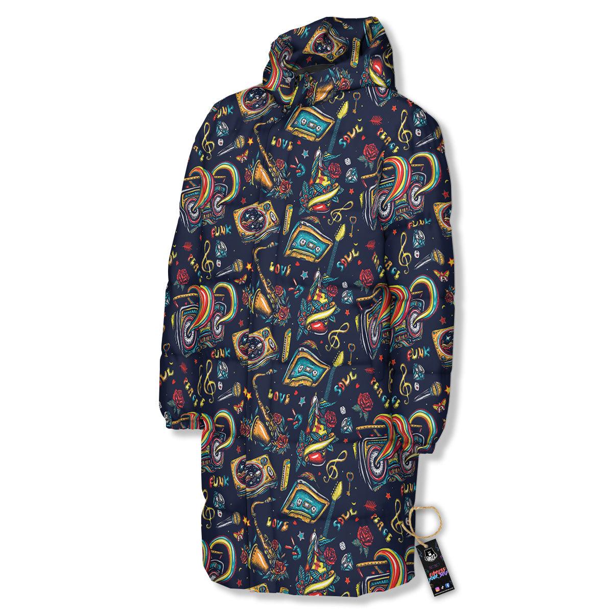 Musical Instruments Print Pattern Long Down Jacket-grizzshop