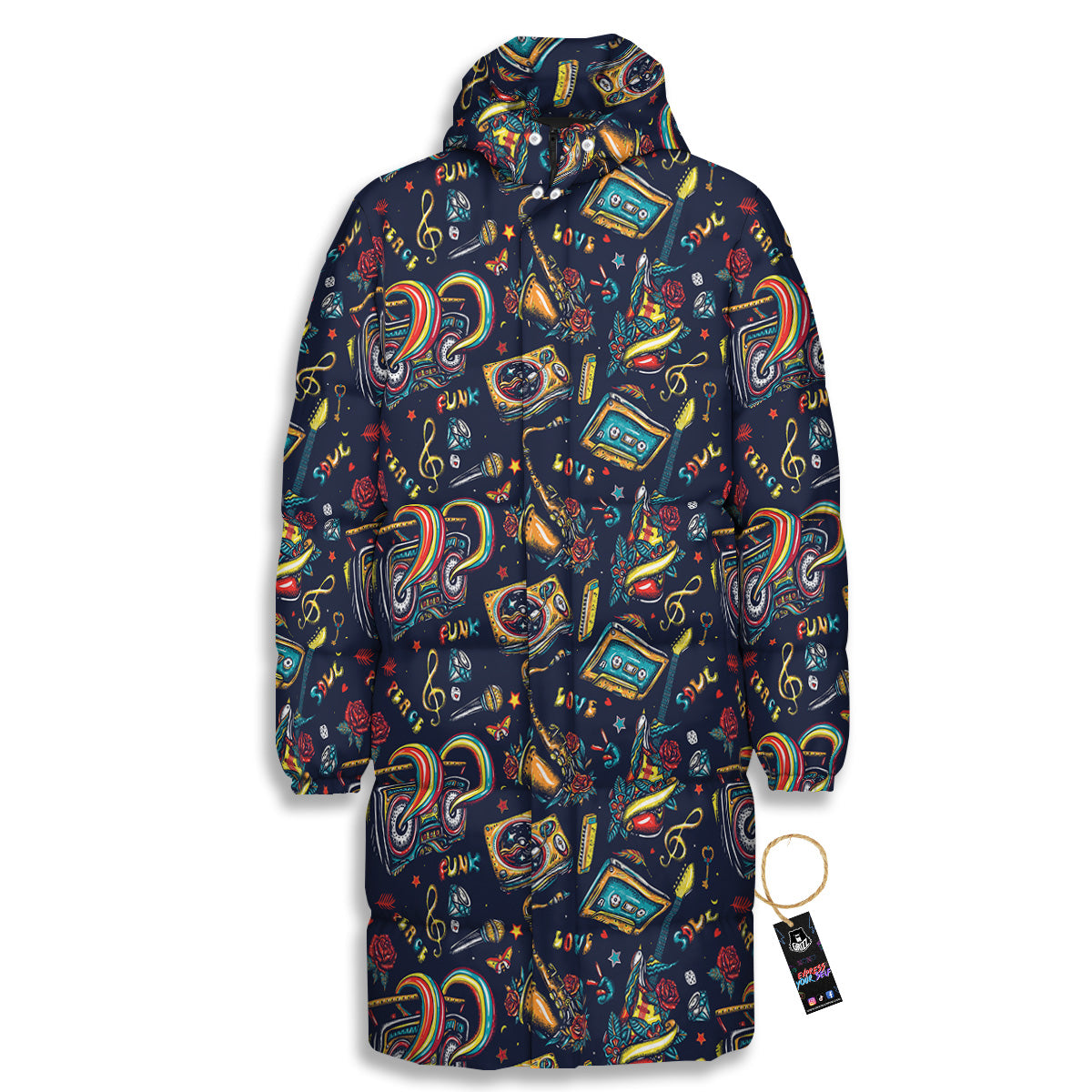 Musical Instruments Print Pattern Long Down Jacket-grizzshop