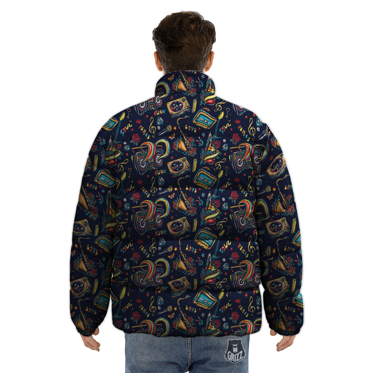 Musical Instruments Print Pattern Puffer Jacket-grizzshop