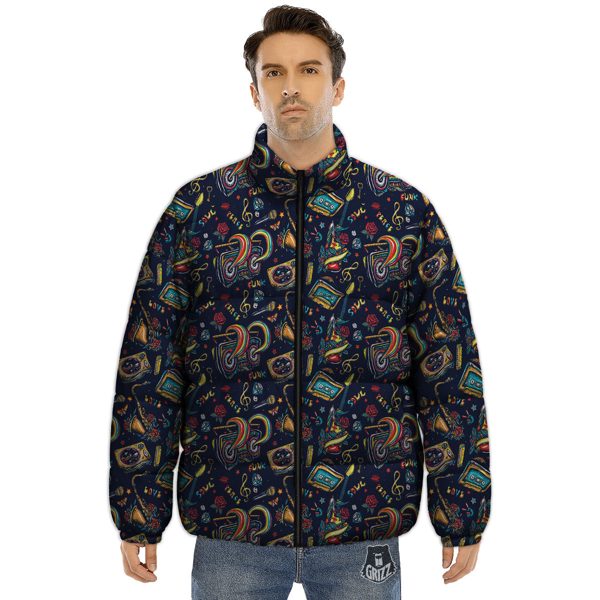 Musical Instruments Print Pattern Puffer Jacket-grizzshop