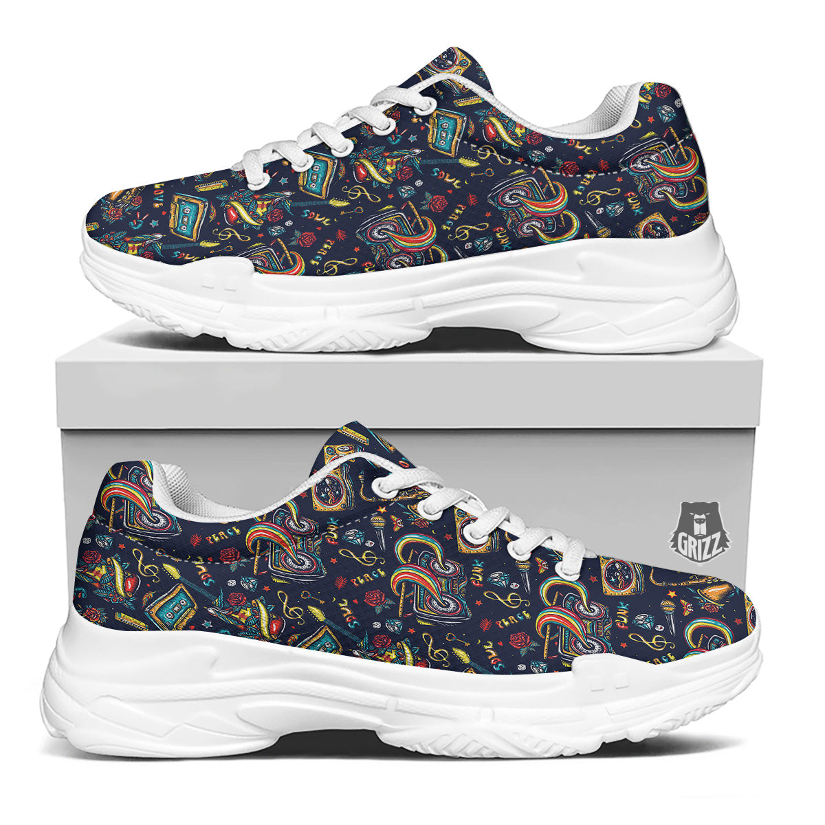 Musical Instruments Print Pattern White Chunky Shoes-grizzshop