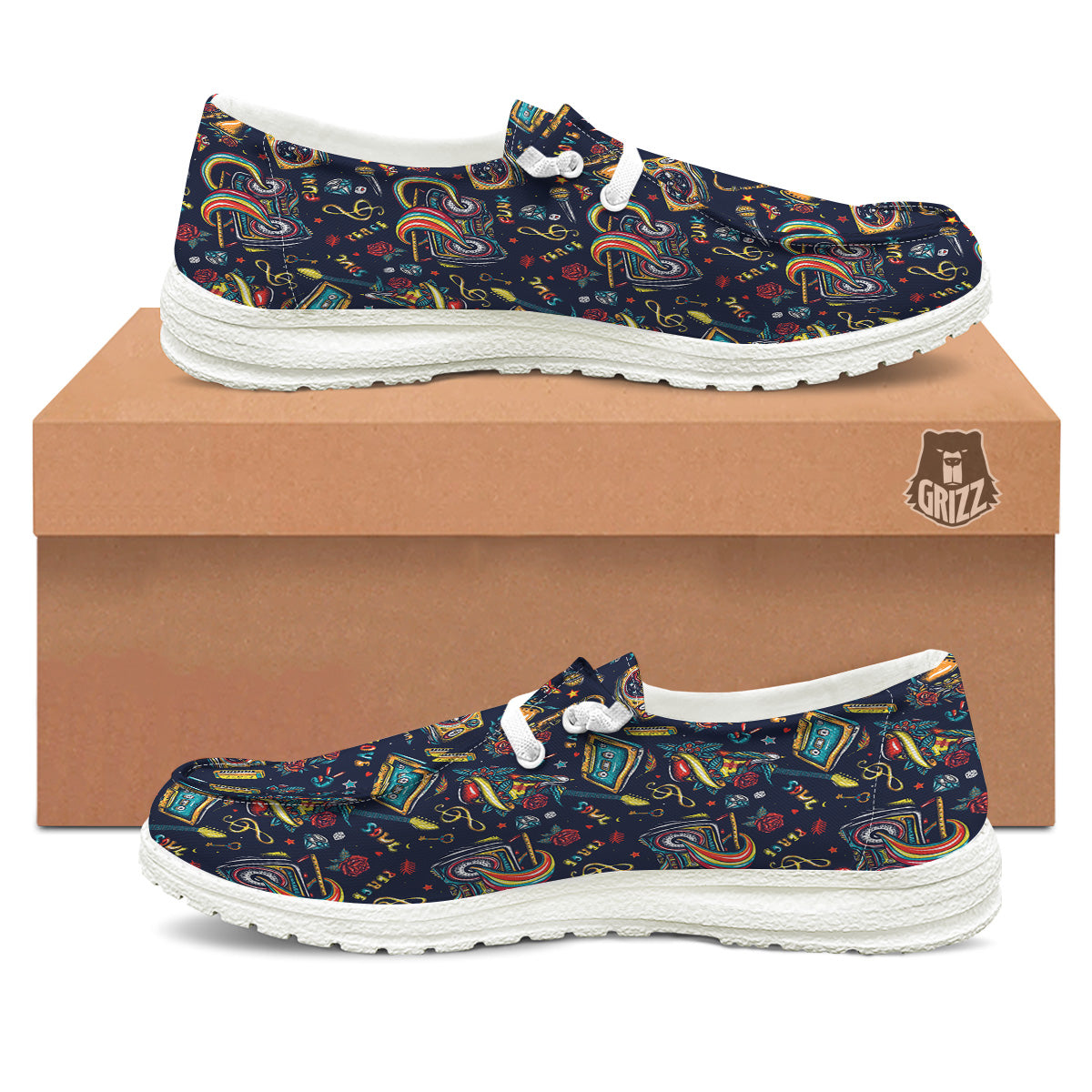 Musical Instruments Print Pattern White Loafers-grizzshop